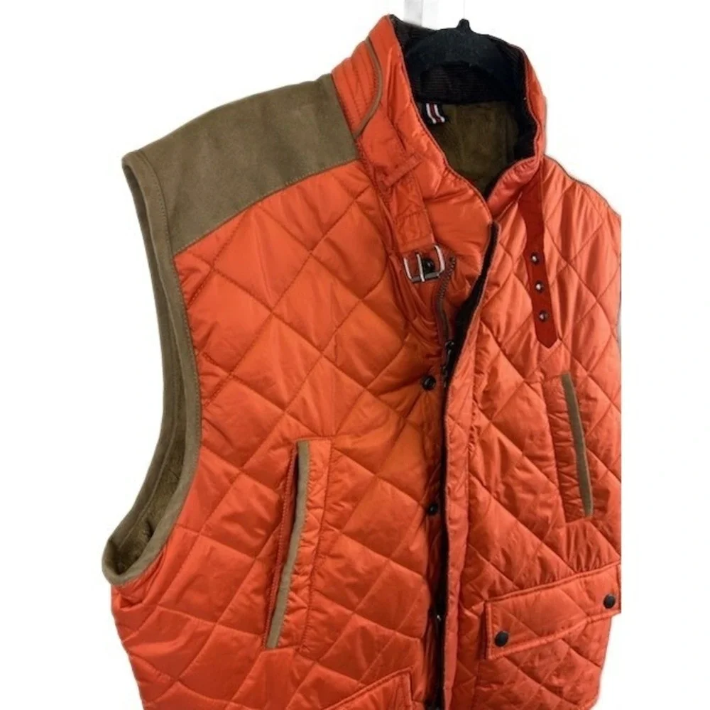 Tommy Hilfiger Puffer Vest Men's Size Large Orange Quilted Leather Suede Accents
